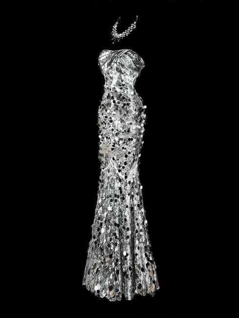 Silver Strapless Glitter Dress - Designer Sequin Gown - Silver Glitter Dress Plus Size